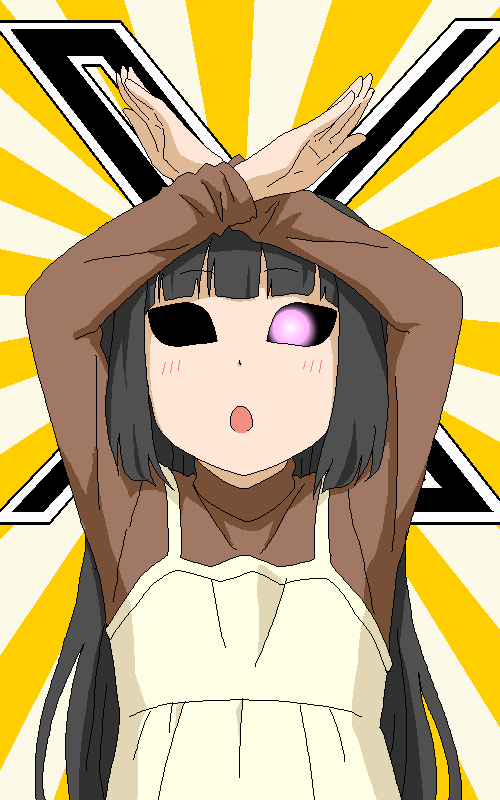1girl, black_hair, blunt_bangs, commentary_request, dress, glowing, glowing_eye, hollow_eyes