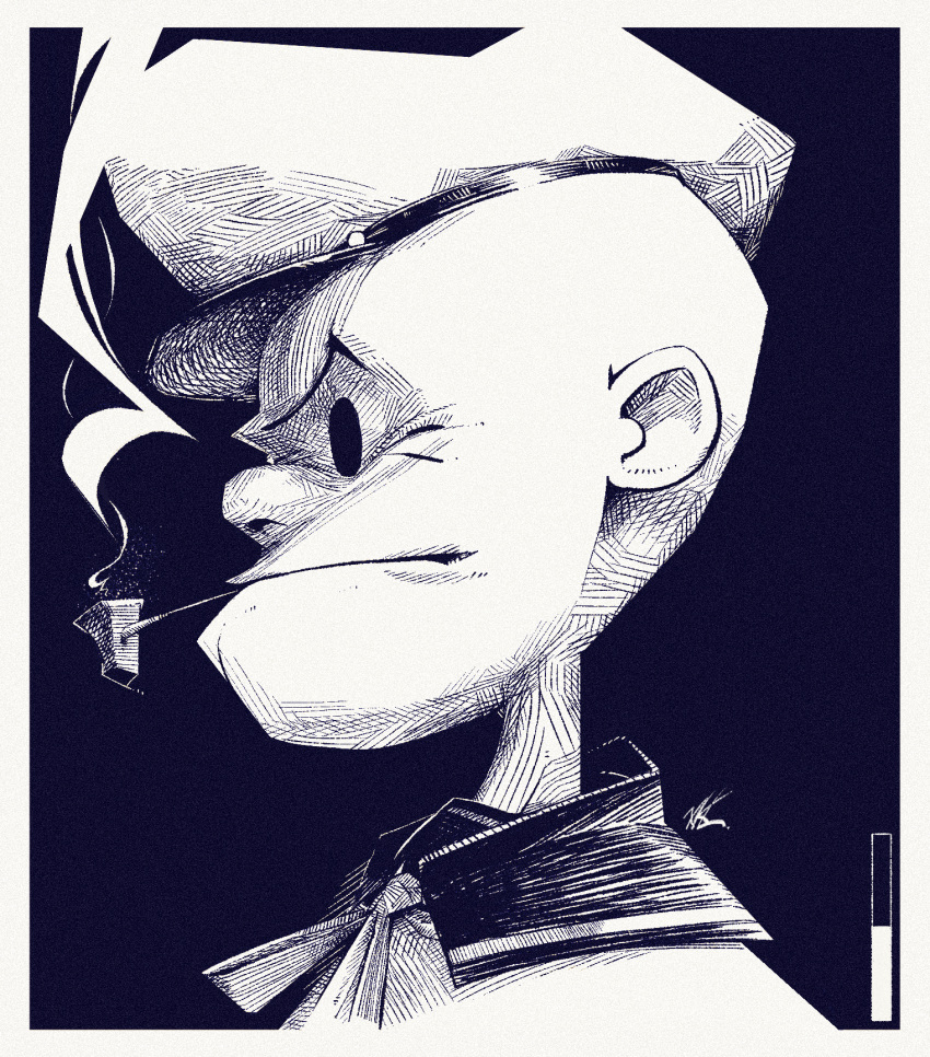 1boy, bald, border, closed_mouth, from_side, frown, hat, highres, male_focus, original, popeye, popeye_the_sailor, portrait, sailor, sailor_hat, smoking_pipe, solo, white_border, xkl3001