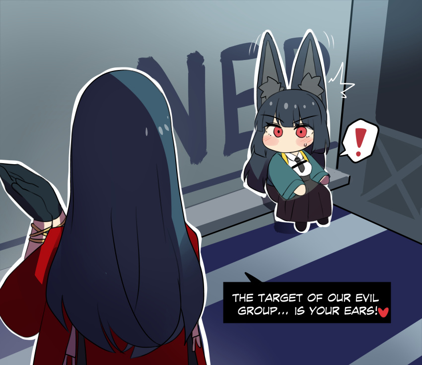 !, 2girls, absurdres, animal_ear_fluff, animal_ears, aqua_jacket, black_gloves, black_hair, black_skirt, chibi, fox_ears, from_behind, gloves, heart, highres, hinghoi, hoshimi_miyabi, indoors, jacket, multiple_girls, open_clothes, open_jacket, red_shirt, sarah_(zenless_zone_zero), shirt, sitting, skirt, spoken_exclamation_mark, white_shirt, zenless_zone_zero