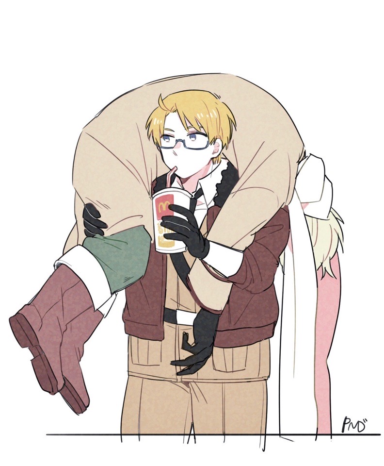 2boys, america_(hetalia), axis_powers_hetalia, belt, black-framed_eyewear, black_belt, black_gloves, black_necktie
