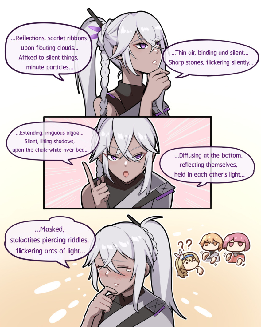 4girls, ?, blonde_hair, bluebeel2, chibi, clapping, confused, dark-skinned_female, dark_skin, english_text, female_commander_(girls'_frontline), girls'_frontline_2:_exilium, grey_hair, groza_(girls'_frontline_2), highres, laughing, long_hair, medium_hair, multiple_girls, nemesis_(girls'_frontline_2), pink_hair, speech_bubble, suomi_(girls'_frontline)