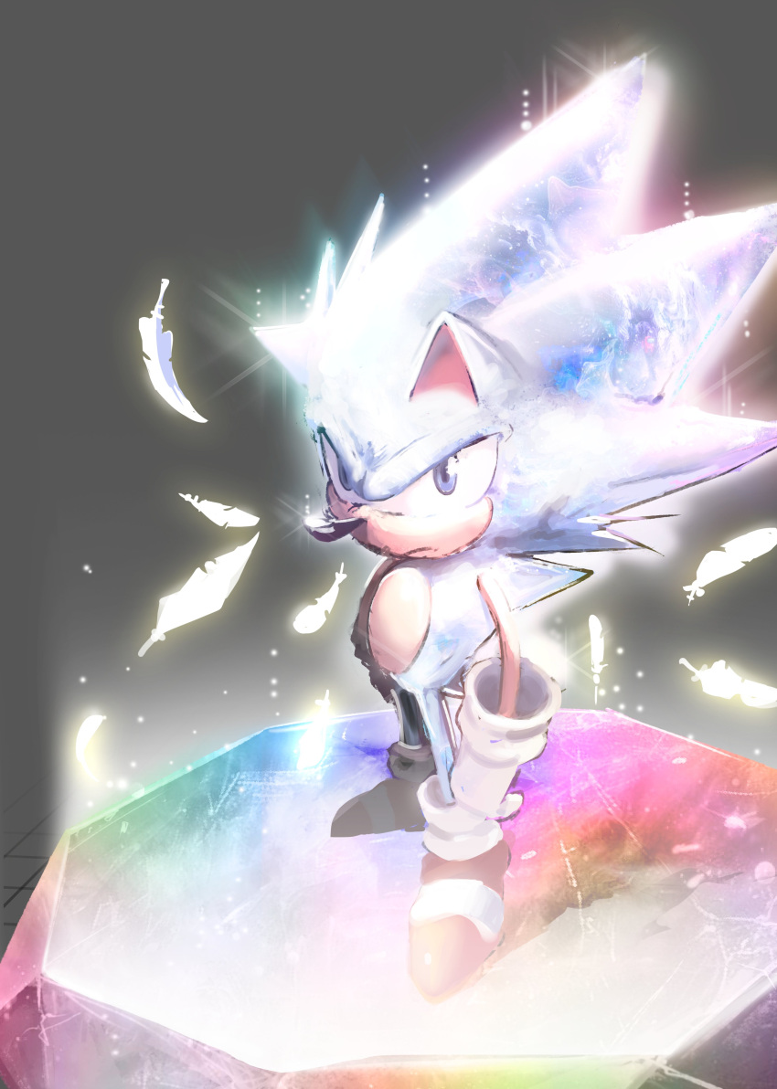 1boy, absurdres, blue_eyes, chaos_emerald, cmihaii, feathers, gloves, grey_background, highres, hyper_sonic, looking_at_viewer, red_footwear, solo, sonic_(series), sonic_the_hedgehog, white_gloves