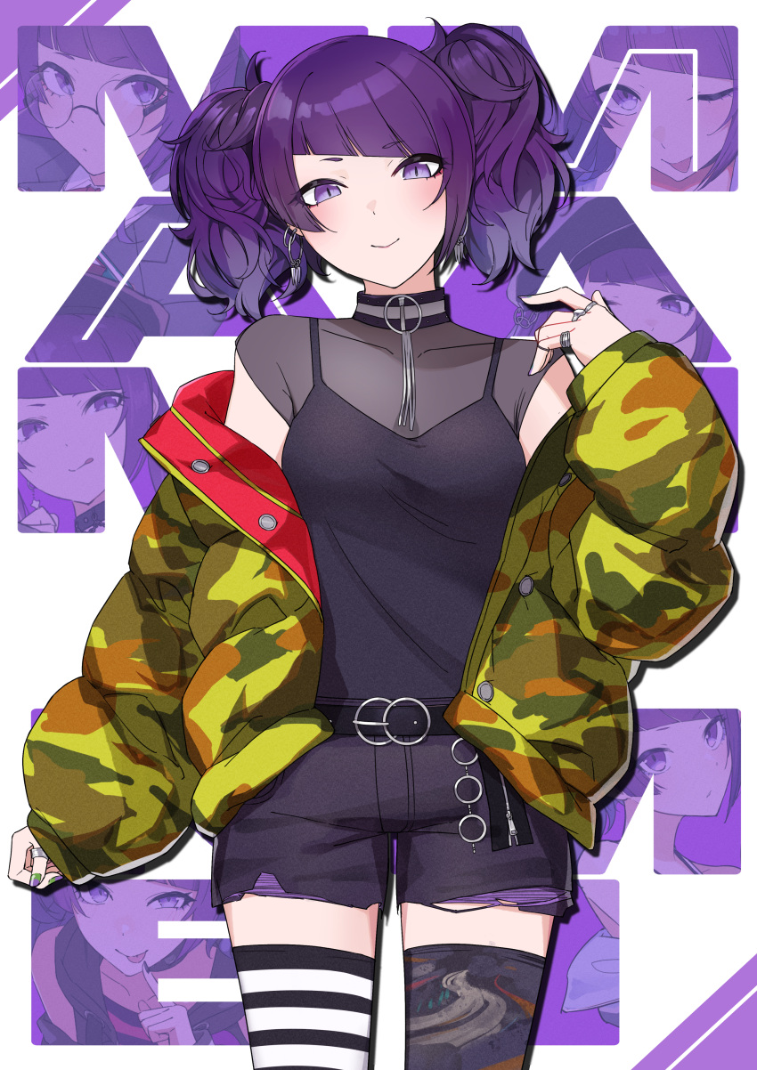 1girl, absurdres, belt, black_footwear, black_shirt, blunt_bangs, blush, camouflage