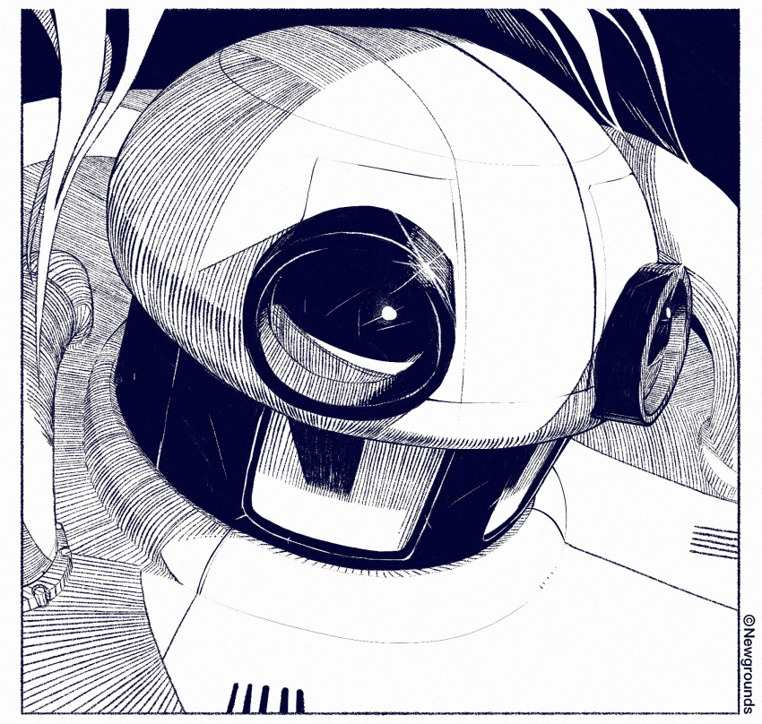 border, highres, limited_palette, monochrome, newgrounds, no_humans, p-bot, portrait, robot, solo, white_border, xkl3001