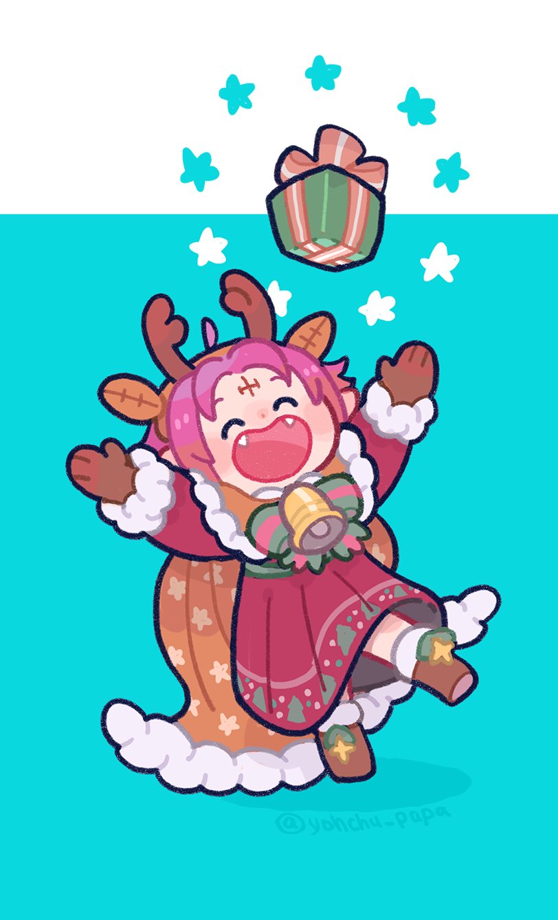 1girl, animal_ears, antlers, cape, christmas_present, closed_eyes, commentary, deer_ears