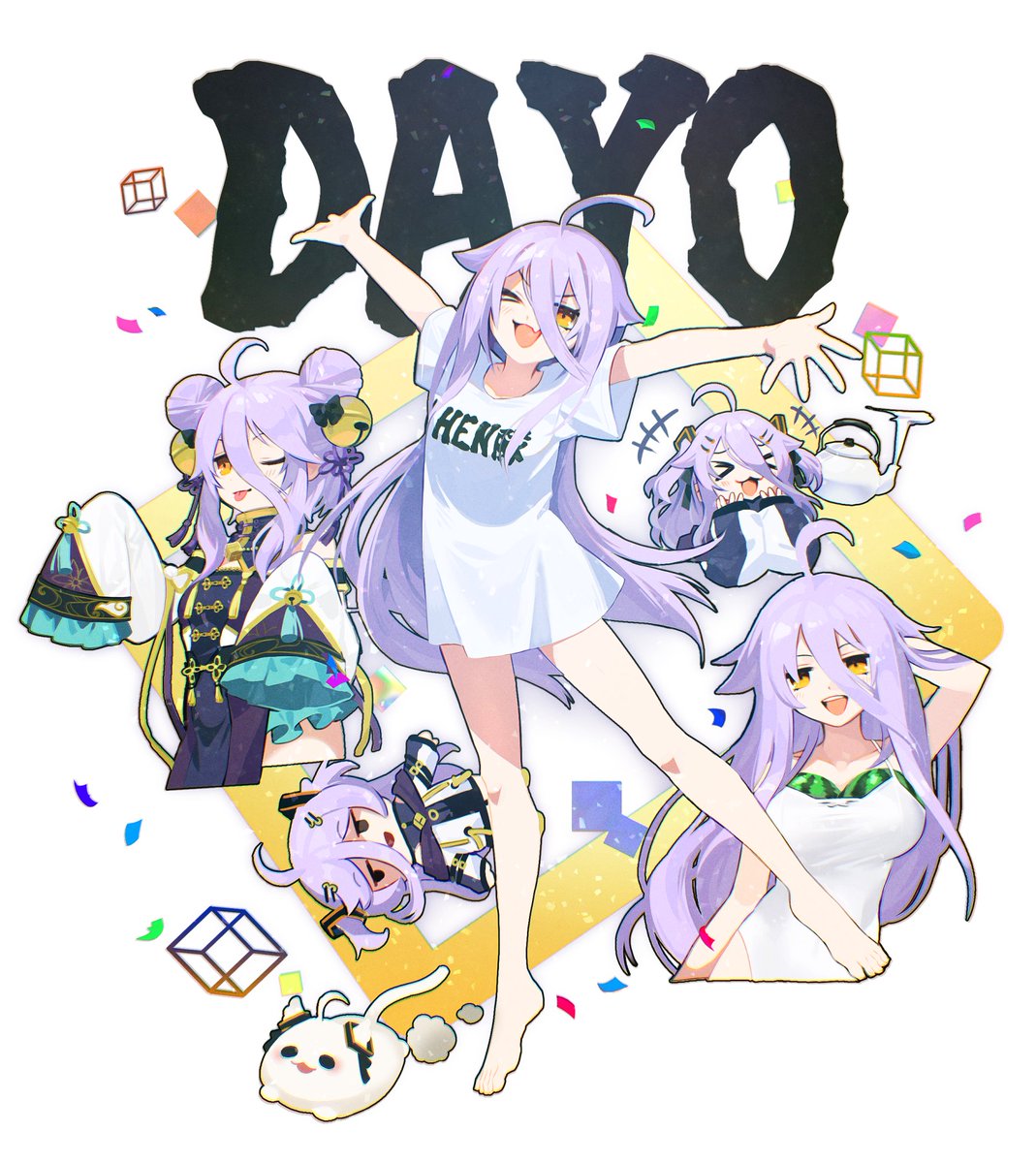 >_<, :d, ahoge, barefoot, bell, breasts, closed_eyes, collarbone