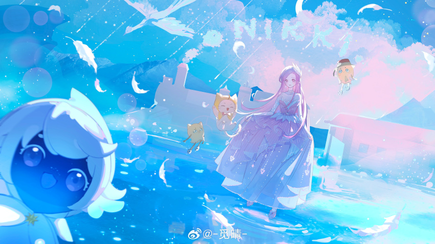 1girl, ^_^, absurdres, animal, bare_shoulders, beanie_(infinity_nikki), bird, blue_sky, bow, bridal_gauntlets, brown_eyes, brown_hat, bubble, capelet, cat, character_name, character_request, chinese_commentary, closed_eyes, clothed_animal, clouds, commentary_request, crescent_moon, dress, ear_covers, eyelashes, fairytale_swan_(infinity_nikki), feather-trimmed_dress, feather_hair_ornament, feathers, flower, footwear_bow, full_body, giroda_(infinity_nikki), gown, green_ribbon, hair_ornament, happy, hat, hat_flower, hat_ribbon, highres, hood, hood_up, hooded_capelet, infinity_nikki, jewelry, light_blush, light_particles, long_dress, long_hair, looking_at_viewer, miqing, momo_(nikki), moon, necklace, nikki_(nikki), nikki_(series), open_mouth, pink_bow, pink_dress, pink_footwear, pink_hair, ribbon, ripples, rose, shoes, sky, smile, standing, standing_on_liquid, straight_hair, striped_clothes, striped_dress, striped_ribbon, train, vertical-striped_clothes, vertical-striped_dress, very_long_hair, water, weibo_watermark, whiskers, white_bridal_gauntlets, white_cat, white_flower, white_rose, yellow_capelet