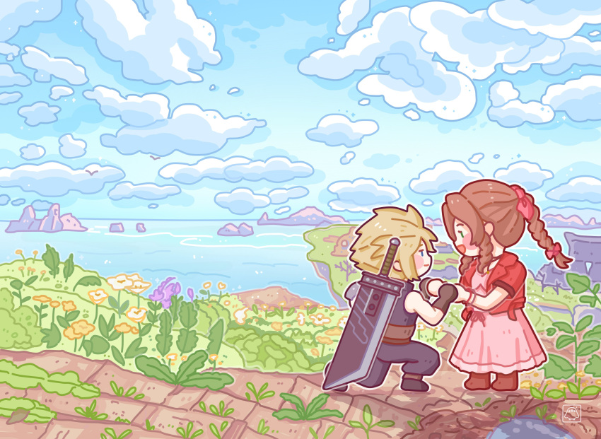 1boy, 1girl, absurdres, aerith_gainsborough, akumarations, bangle, belt, black_footwear, blonde_hair, blue_pants, blue_shirt, boots, bracelet, braid, braided_ponytail, brown_belt, brown_footwear, brown_gloves, brown_hair, buster_sword, chibi, cloud_strife, clouds, cloudy_sky, dress, final_fantasy, final_fantasy_vii, final_fantasy_vii_rebirth, final_fantasy_vii_remake, flower, gloves, hair_ribbon, highres, holding_hands, jacket, jewelry, long_dress, long_hair, looking_at_another, nature, ocean, on_one_knee, open_mouth, outdoors, pants, parted_bangs, pink_dress, pink_ribbon, purple_flower, red_jacket, ribbon, shirt, short_hair, short_sleeves, sidelocks, single_braid, sky, smile, spiky_hair, weapon, weapon_on_back, white_gloves, yellow_flower