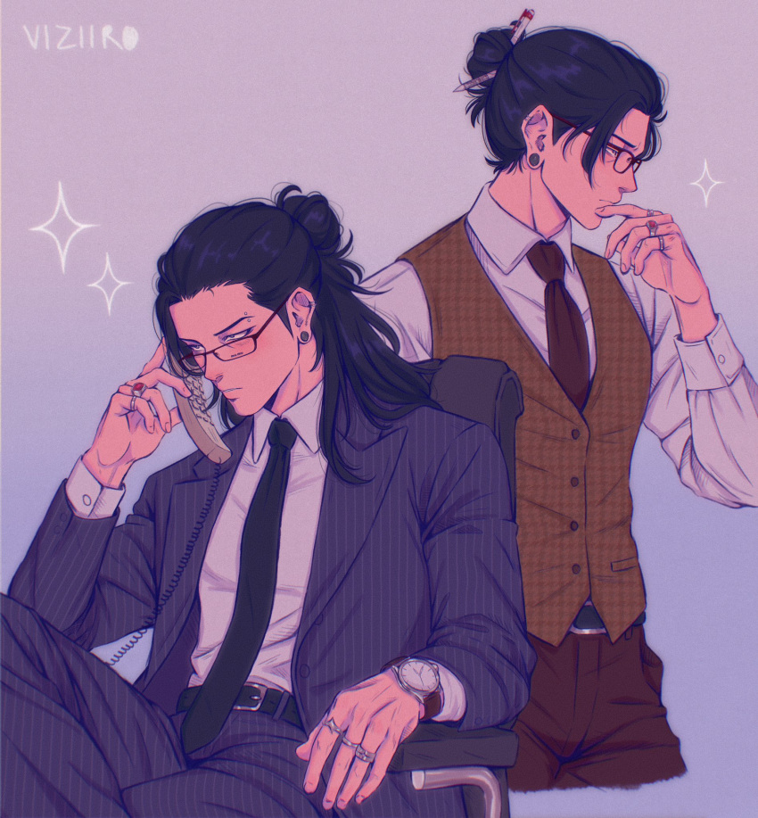 1boy, artist_name, belt, belt_buckle, black_belt, black_hair, black_necktie, brown_necktie