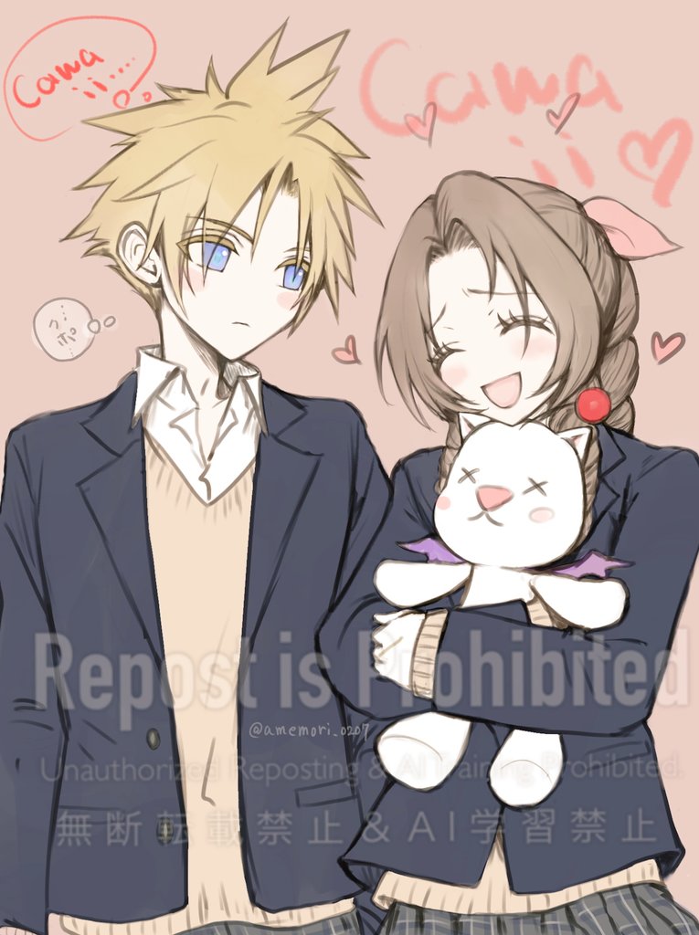 1boy, 1girl, aerith_gainsborough, alternate_costume, amemori_0207, black_jacket, blonde_hair, blue_eyes