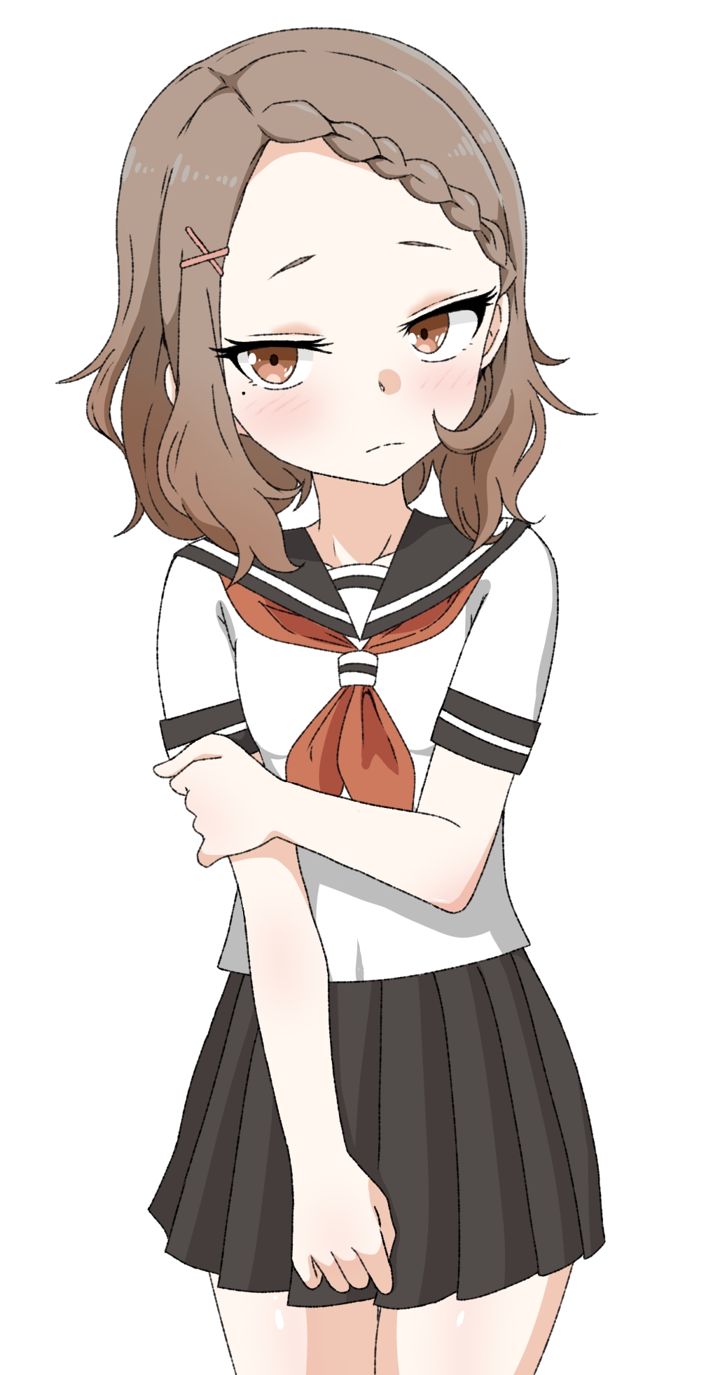 1girl, black_sailor_collar, black_skirt, blush, braid, braided_bangs, breasts, brown_hair