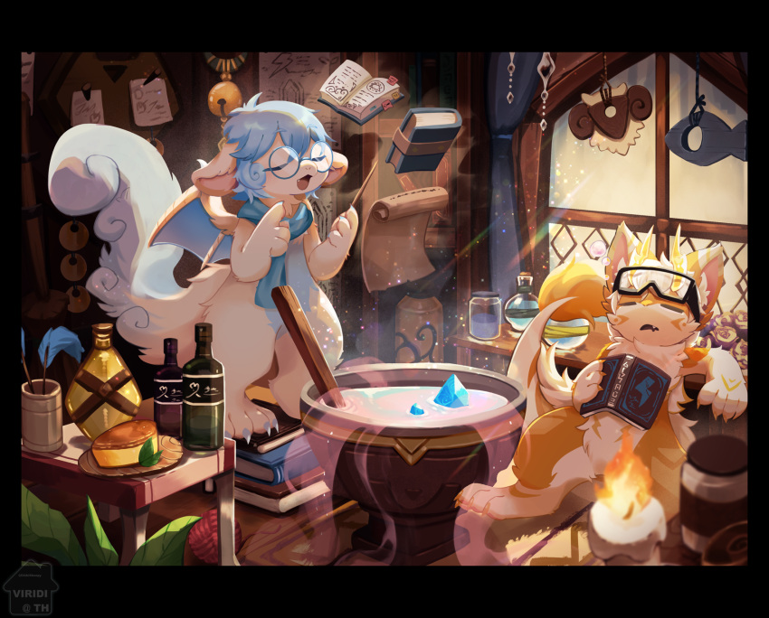 1boy, 1other, =_=, arm_rest, bell, black-framed_eyewear, blue_fur, blue_hair