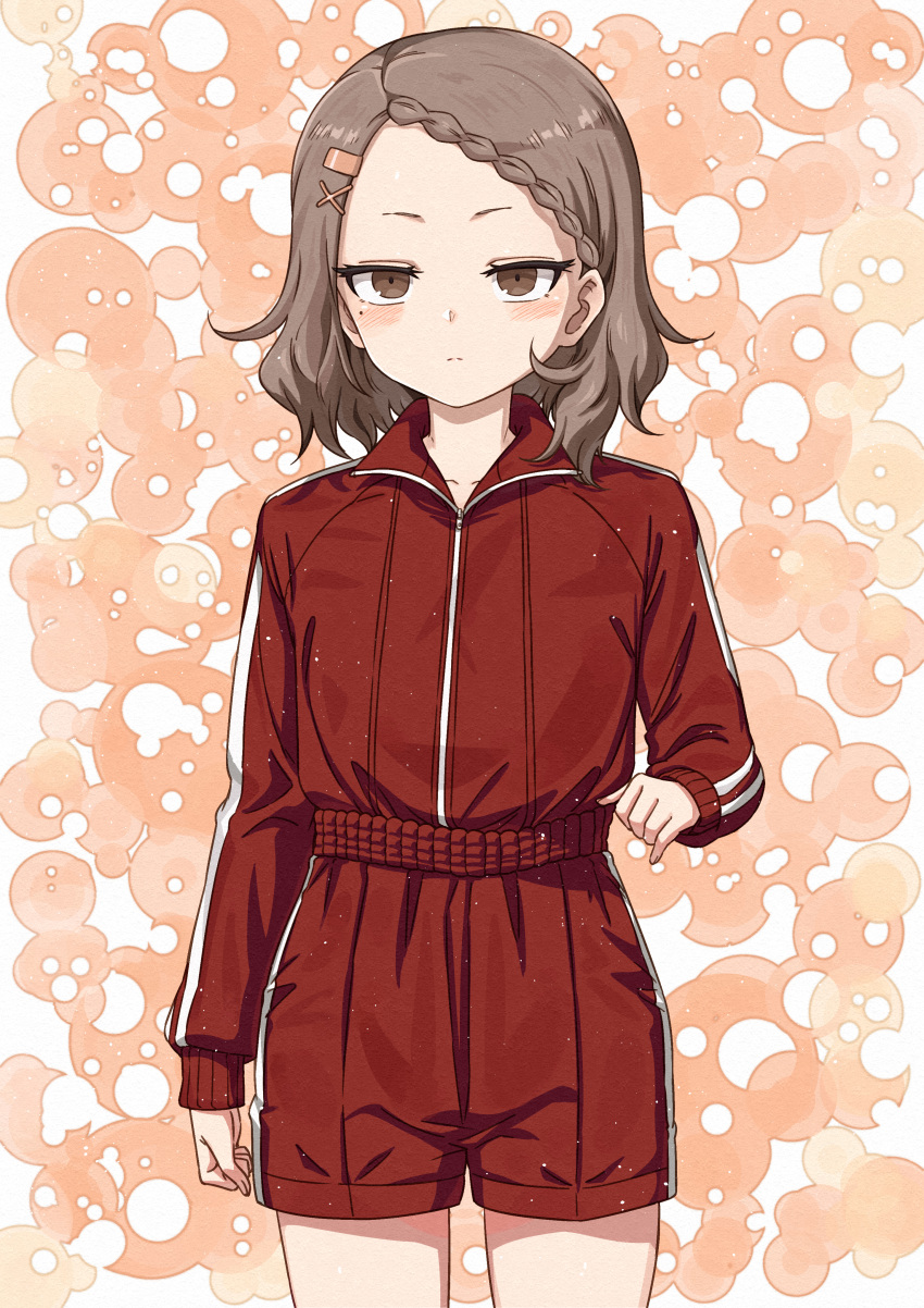 1girl, absurdres, blush, braid, braided_bangs, brown_hair, closed_mouth, collarbone