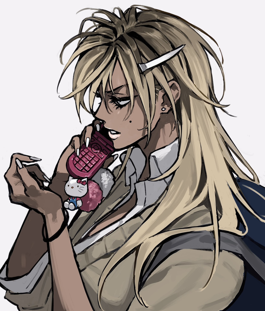 1girl, blonde_hair, cellphone, dark-skinned_female, dark_skin, flip_phone, ganguro, gyaru