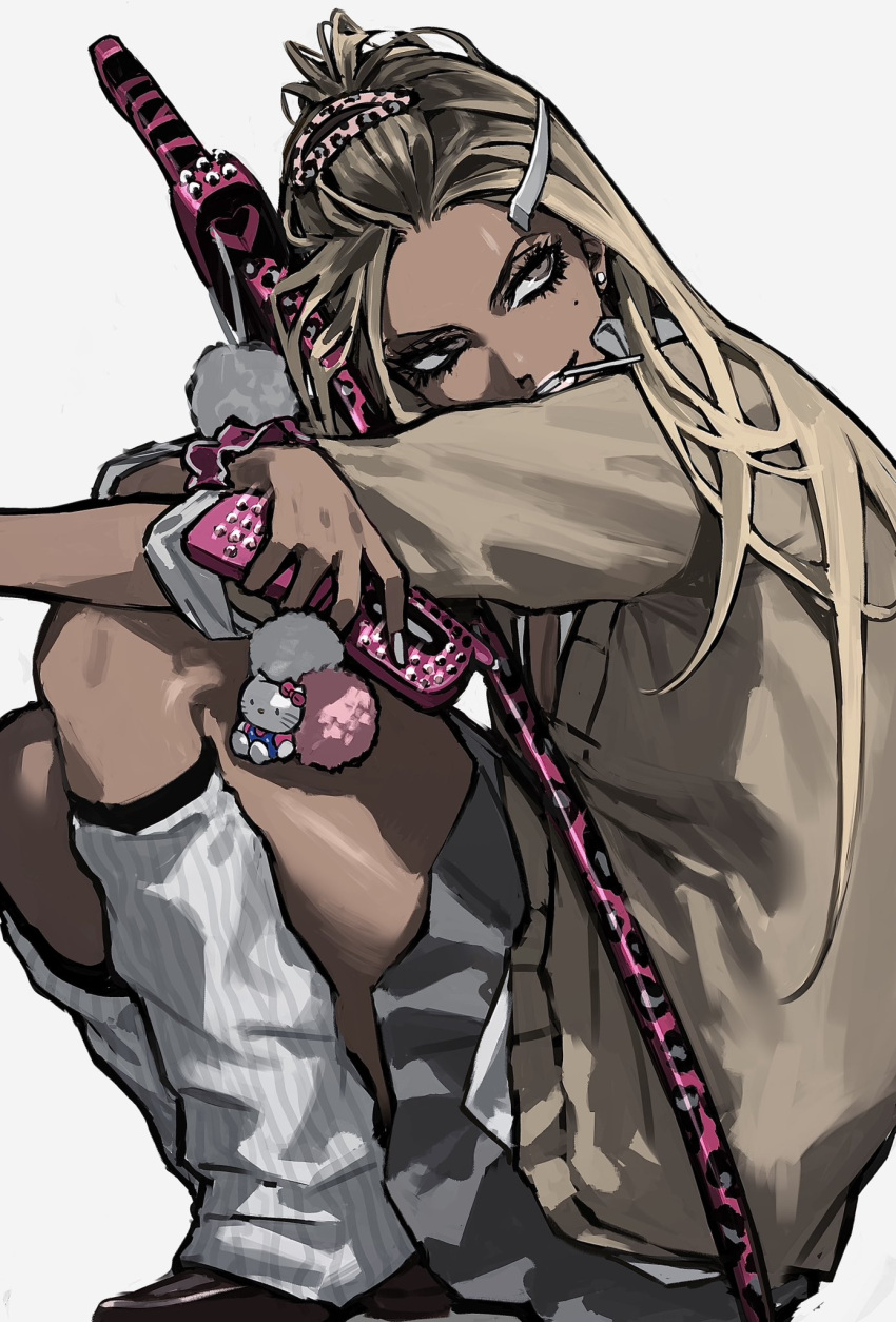 1girl, bangs_pinned_back, blonde_hair, candy, cellphone, dark-skinned_female, dark_skin, flip_phone, food, ganguro, gyaru, hair_ornament, hairclip, hello_kitty_(character), highres, holding, katana, kuro_gyaru, lollipop, long_eyelashes, long_hair, loose_socks, ma0ma0_0, original, phone, saotome_anna, sitting, smirk, socks, sword, weapon