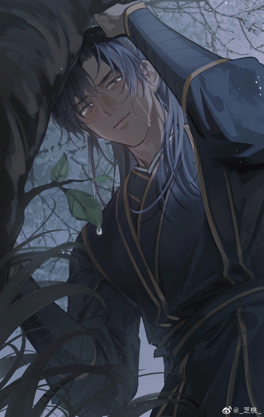 1boy, black_hair, black_hanfu, chinese_clothes, crying, crying_with_eyes_open, erha_he_tadebai_mao_shizun, foliage, from_below, grey_eyes, hanfu, highres, huiii_0209, leaning_on_object, long_hair, male_focus, mo_ran, open_mouth, outdoors, solo, tears, teeth, tree, upper_teeth_only