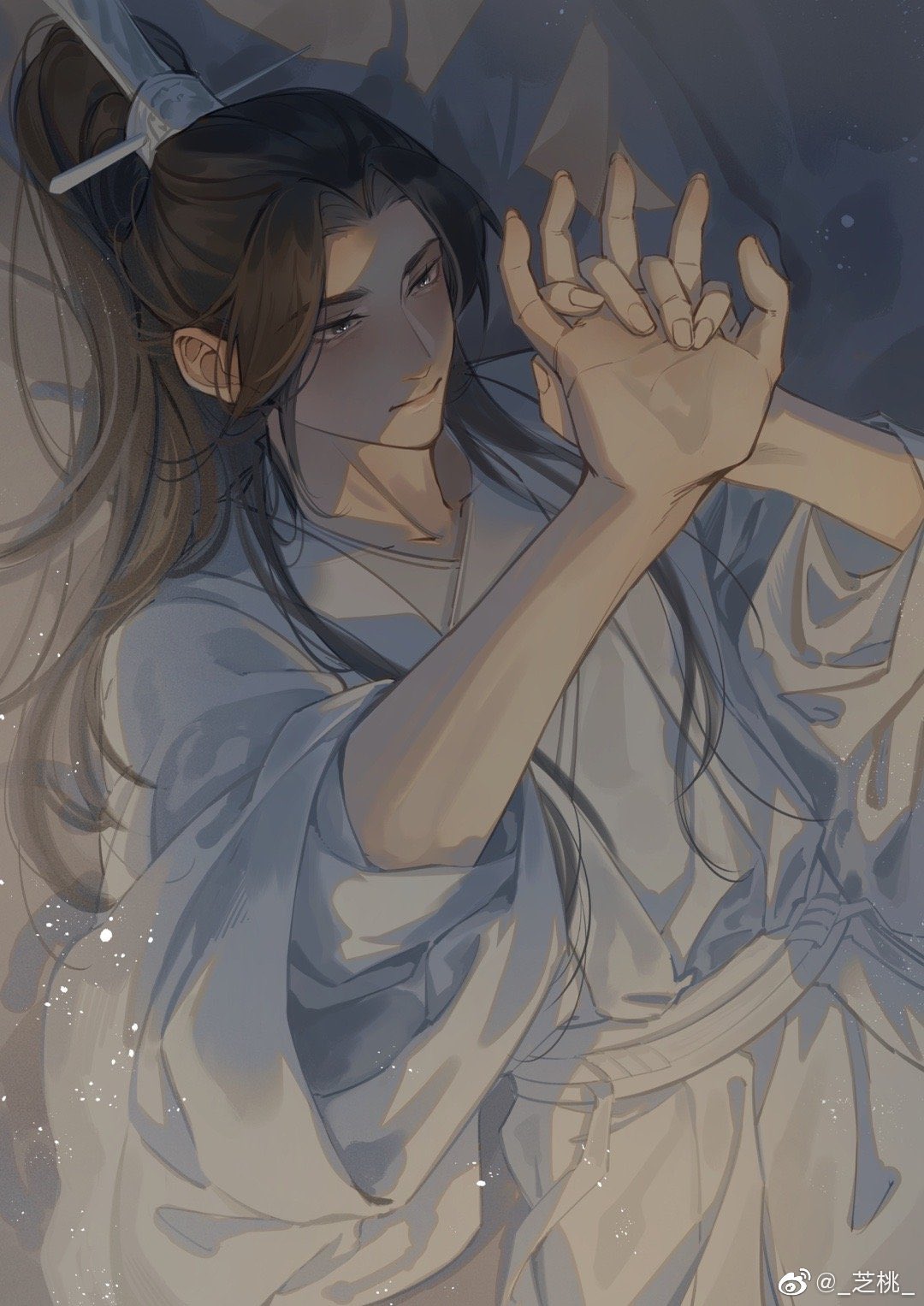 1boy, blush, brown_eyes, brown_hair, chinese_clothes, chu_wanning, closed_mouth, erha_he_tadebai_mao_shizun