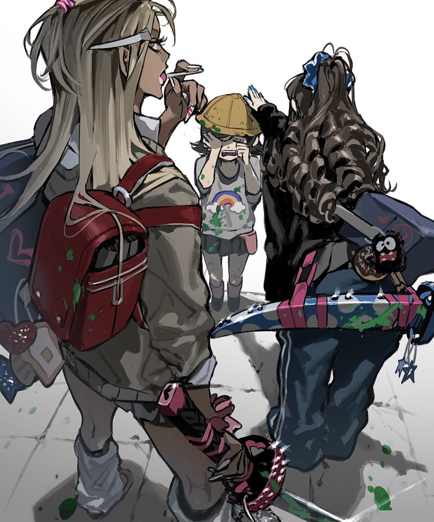 3girls, absurdres, backpack, bag, black_hair, blonde_hair, blood, candy