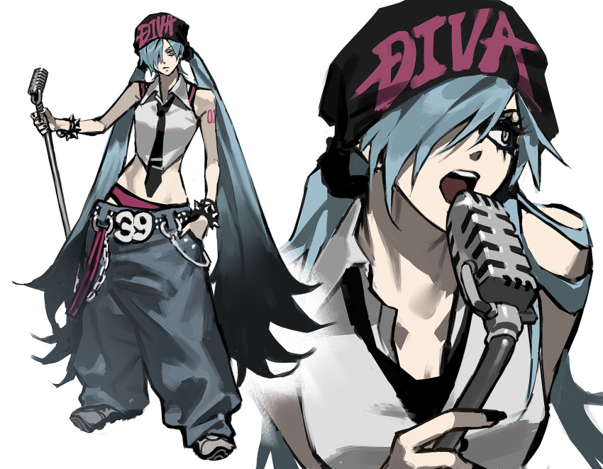 1girl, absurdres, baggy_pants, bandana, black_eyeliner, black_necktie, bracelet, english_text