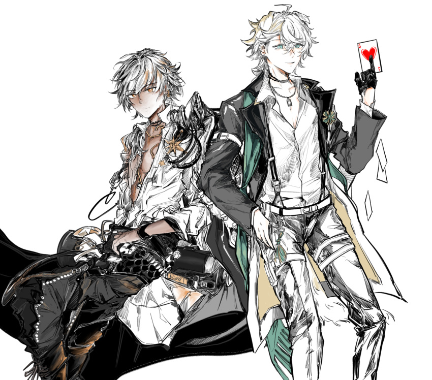 2boys, :/, ahoge, ambience_synesthesia, animal_ears, arknights, arm_strap, belt