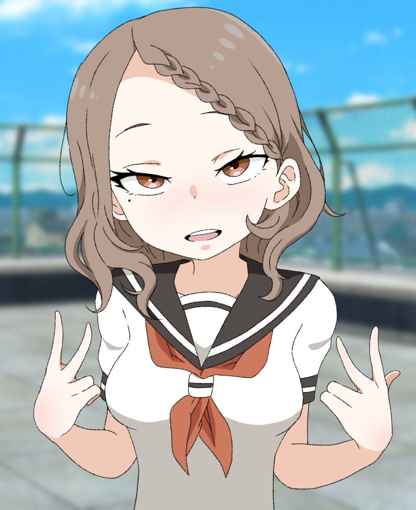 1girl, black_sailor_collar, blue_sky, blurry, blurry_background, braid, braided_bangs, breasts