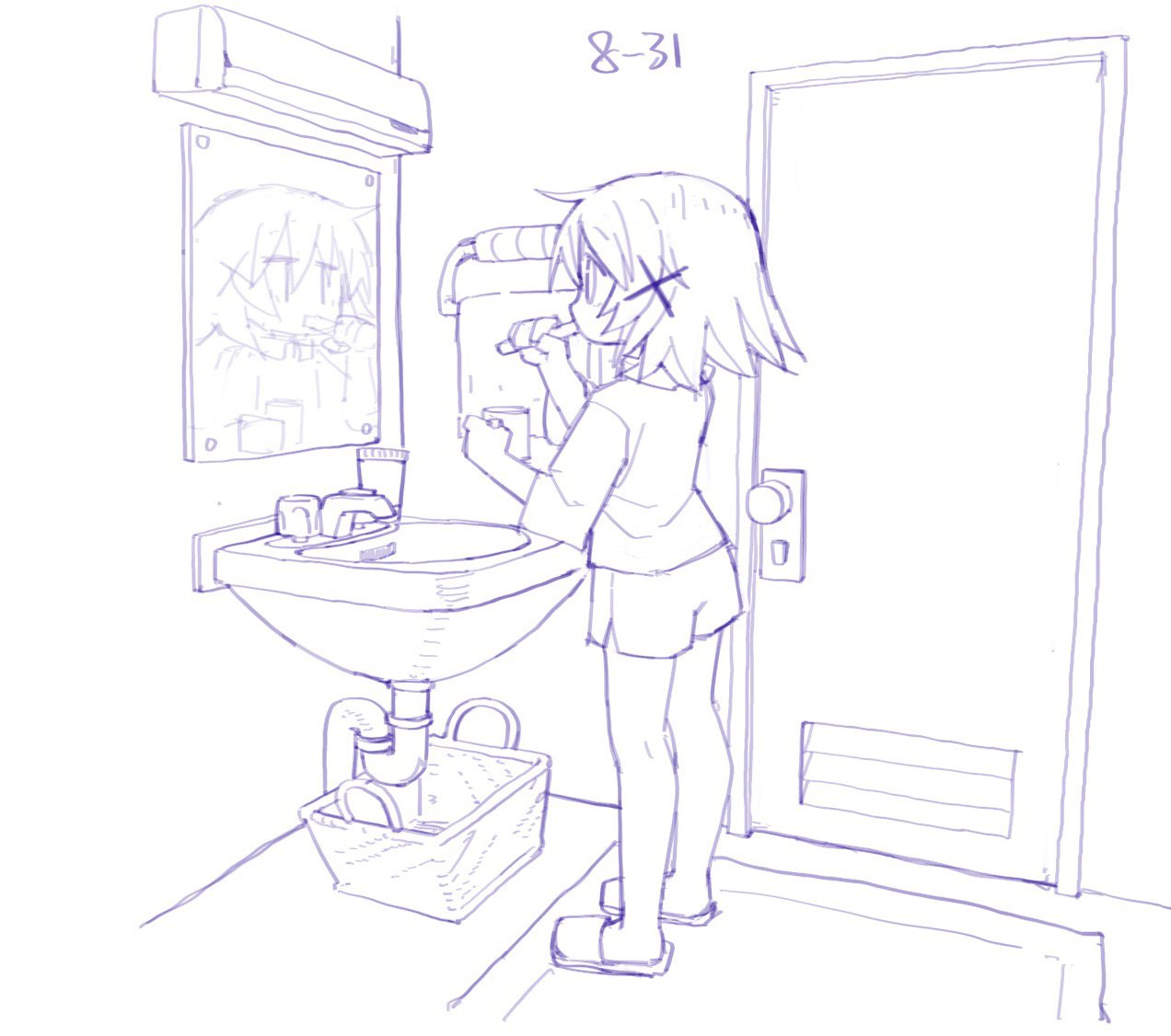 1girl, blue_theme, colalk, hair_ornament, long_hair, monochrome, original, sink