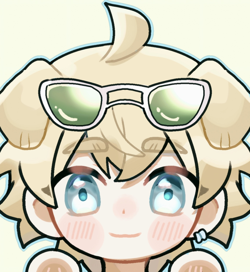 1boy, :3, ahoge, animal_ears, arknights, blonde_hair, blue_eyes, blue_outline, blush, cheek_blush, chibi, chinese_commentary, dog_boy, dog_ears, ear_piercing, earrings, eyewear_on_head, green-tinted_eyewear, gulutan409, hair_between_eyes, jewelry, light_blush, male_focus, nose_blush, outline, piercing, solo, solo_focus, sunglasses, tequila_(arknights), thick_eyebrows, tinted_eyewear, translation_request, yellow_background