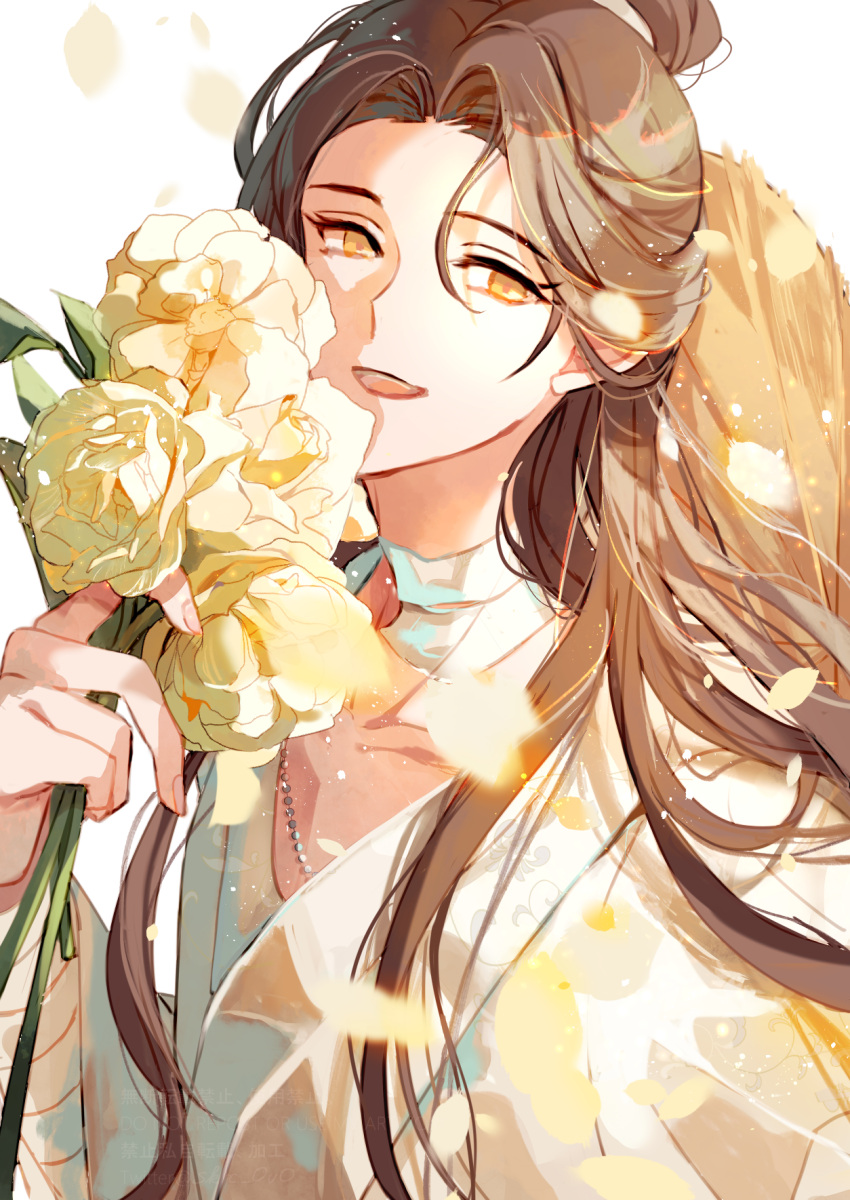 1boy, bandaged_neck, bandaged_wrist, bandages, bishounen, blurry, bouquet, brown_hair