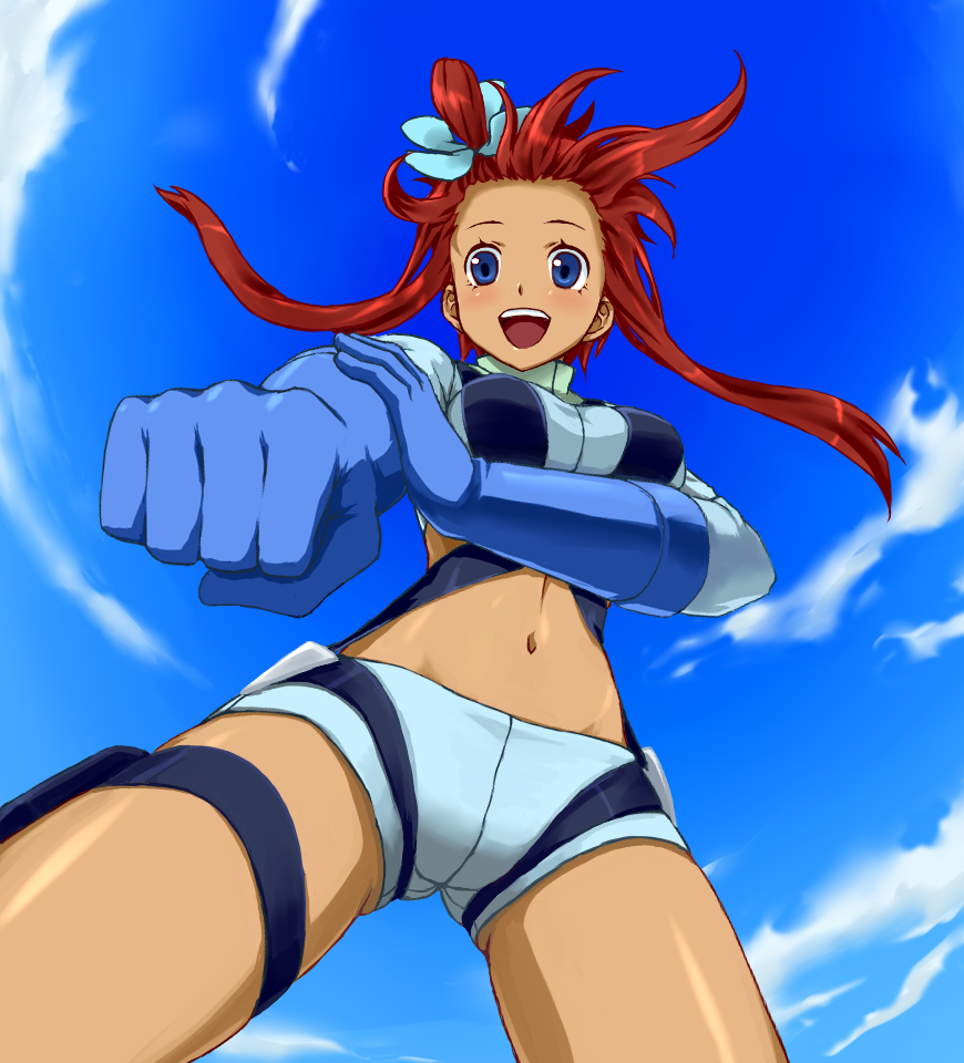 cloud, clouds, fuuro_(pokemon), gloves, hair_ornament, hizumi, midriff, navel