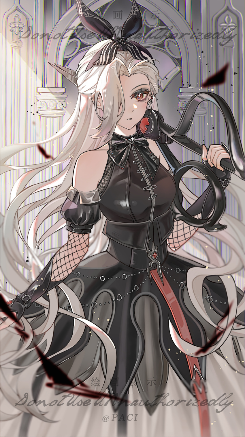 1girl, absurdres, aderinna_(infinity_nikki), bare_shoulders, belt, belt_buckle, black_arm_warmers, black_belt