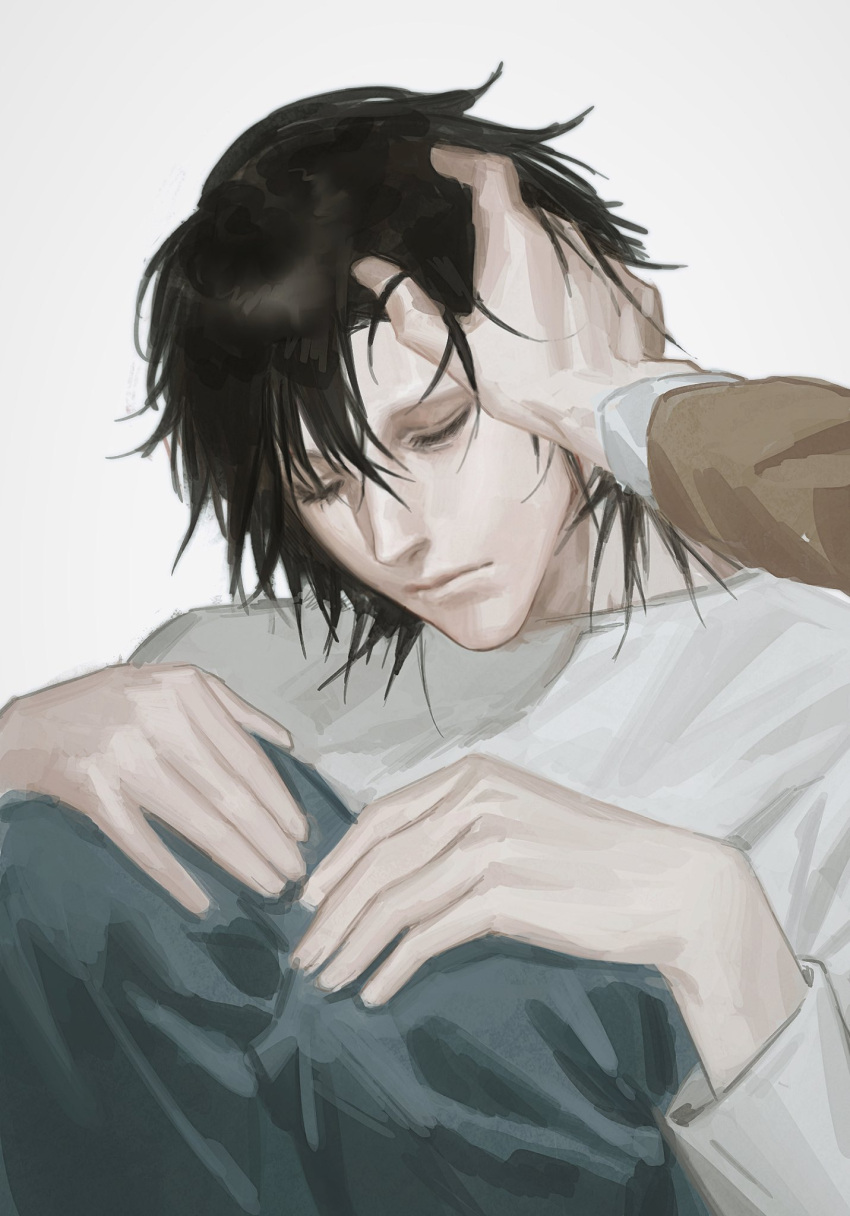 2boys, black_hair, blue_pants, closed_eyes, closed_mouth, commentary, death_note, hand_on_another's_head