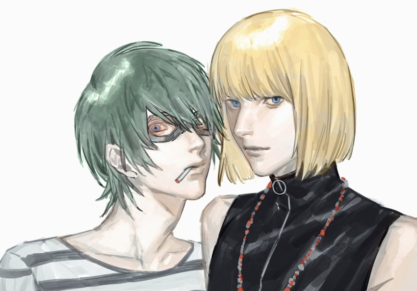 2boys, bare_shoulders, blue_eyes, blunt_bangs, cigarette, closed_mouth, collarbone, commentary_request