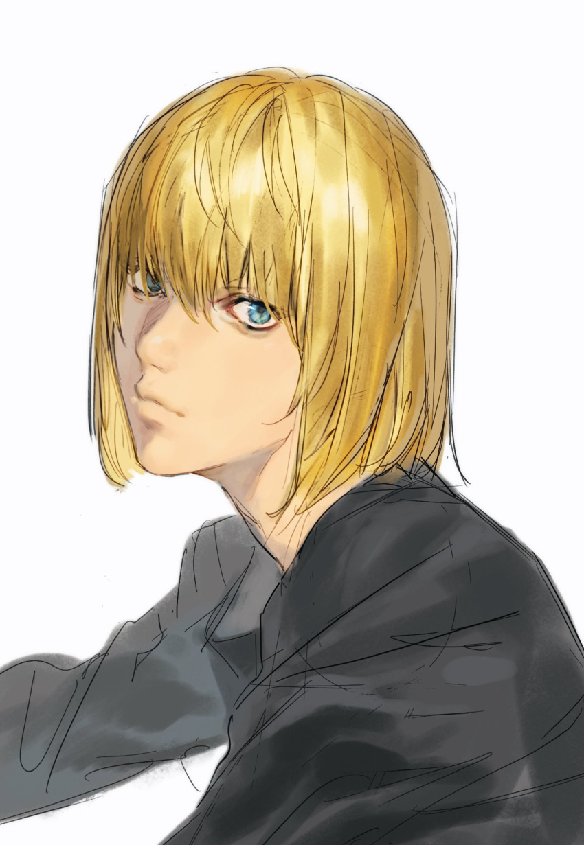 1boy, black_shirt, blonde_hair, blue_eyes, closed_mouth, commentary, death_note, hair_between_eyes