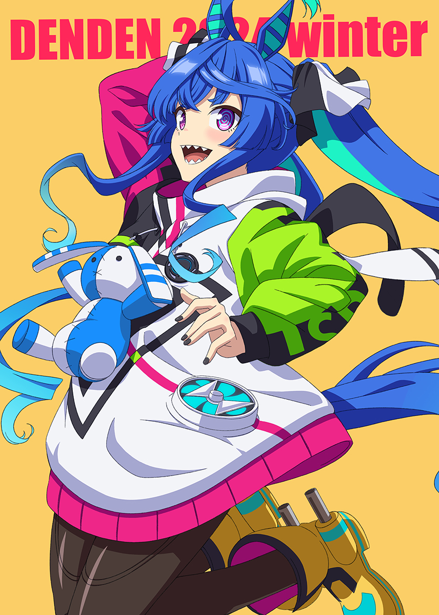 1girl, @_@, ahoge, animal_ears, aqua_hair, arm_up, black_nails, blue_hair