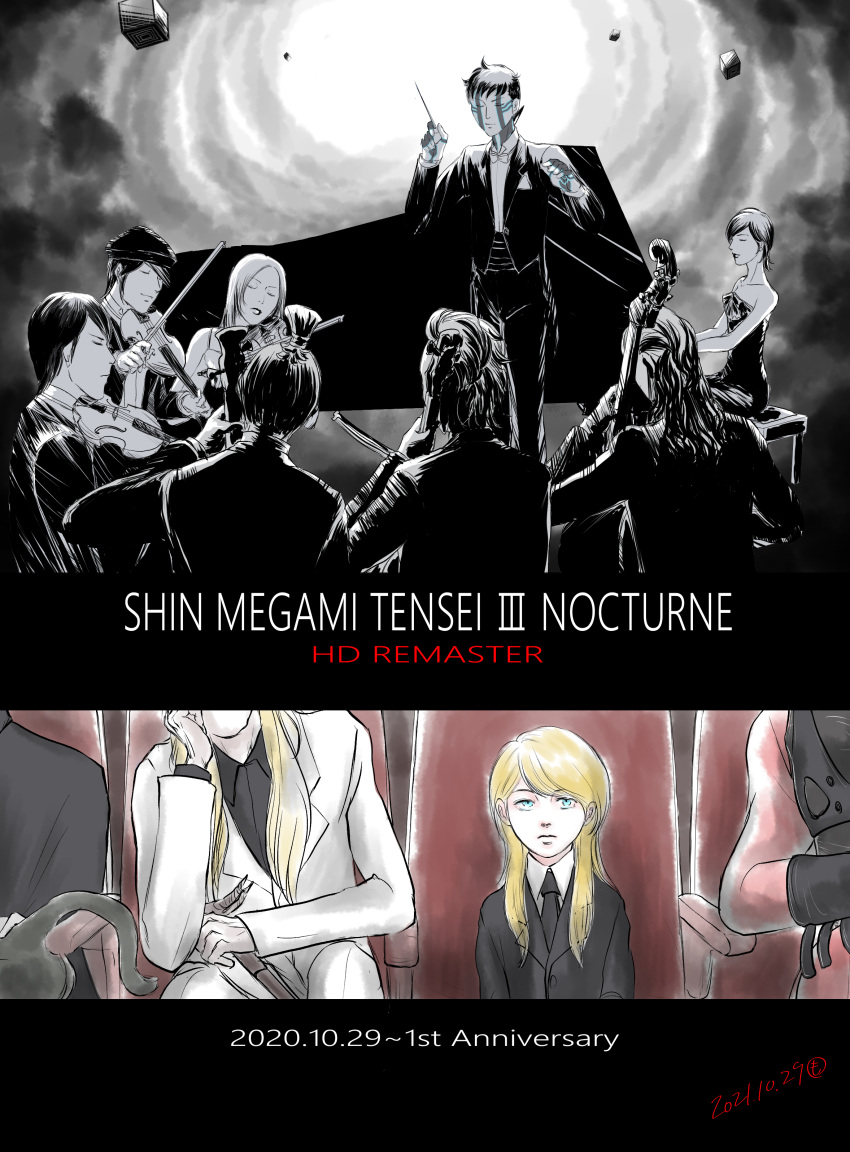 31eom211, 3girls, 6+boys, absurdres, animal_on_lap, blonde_hair, blue_eyes, body_markings