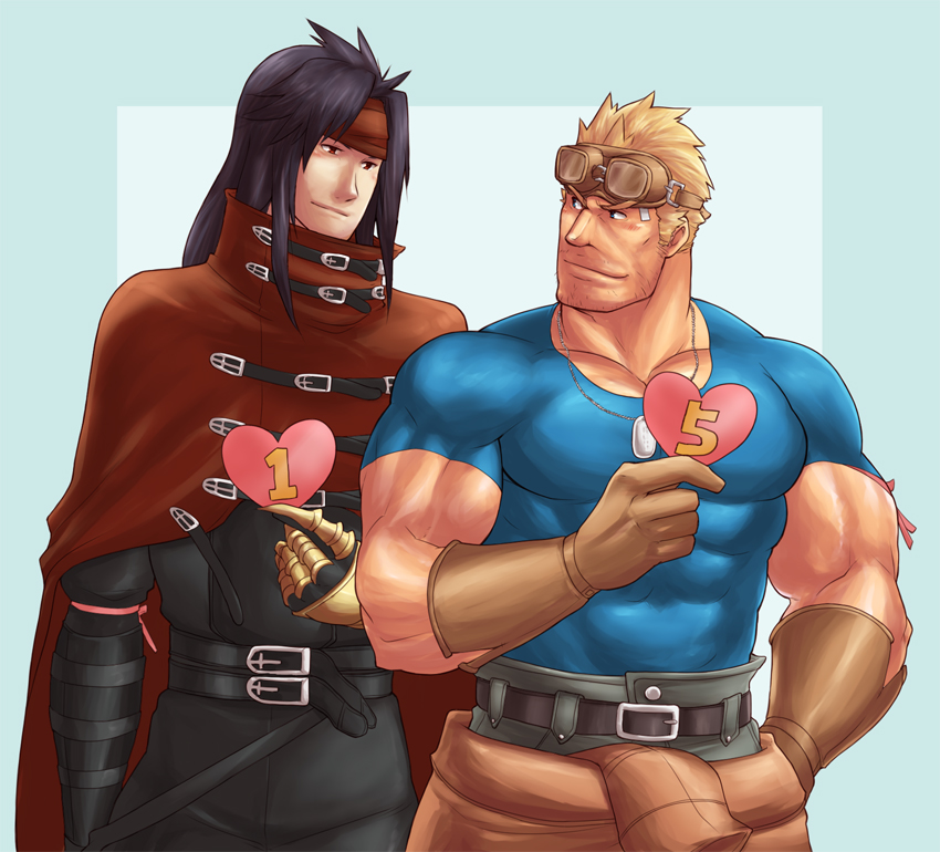 2boys, abs, black_hair, black_pants, black_shirt, blonde_hair, blue_shirt, brown_jacket
