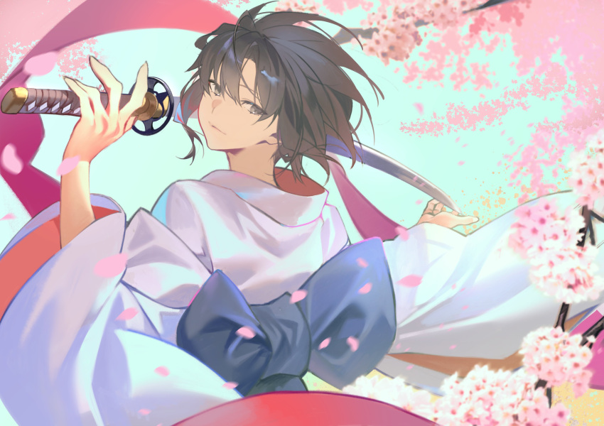 1girl, absurdres, blue_sash, blue_sky, brown_eyes, brown_hair, cherry_blossoms, cherry_tree