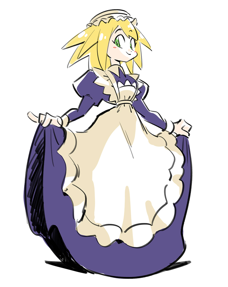 1girl, alternate_costume, apron, black_dress, blonde_hair, blush, cheesecakes_by_lynx, closed_mouth