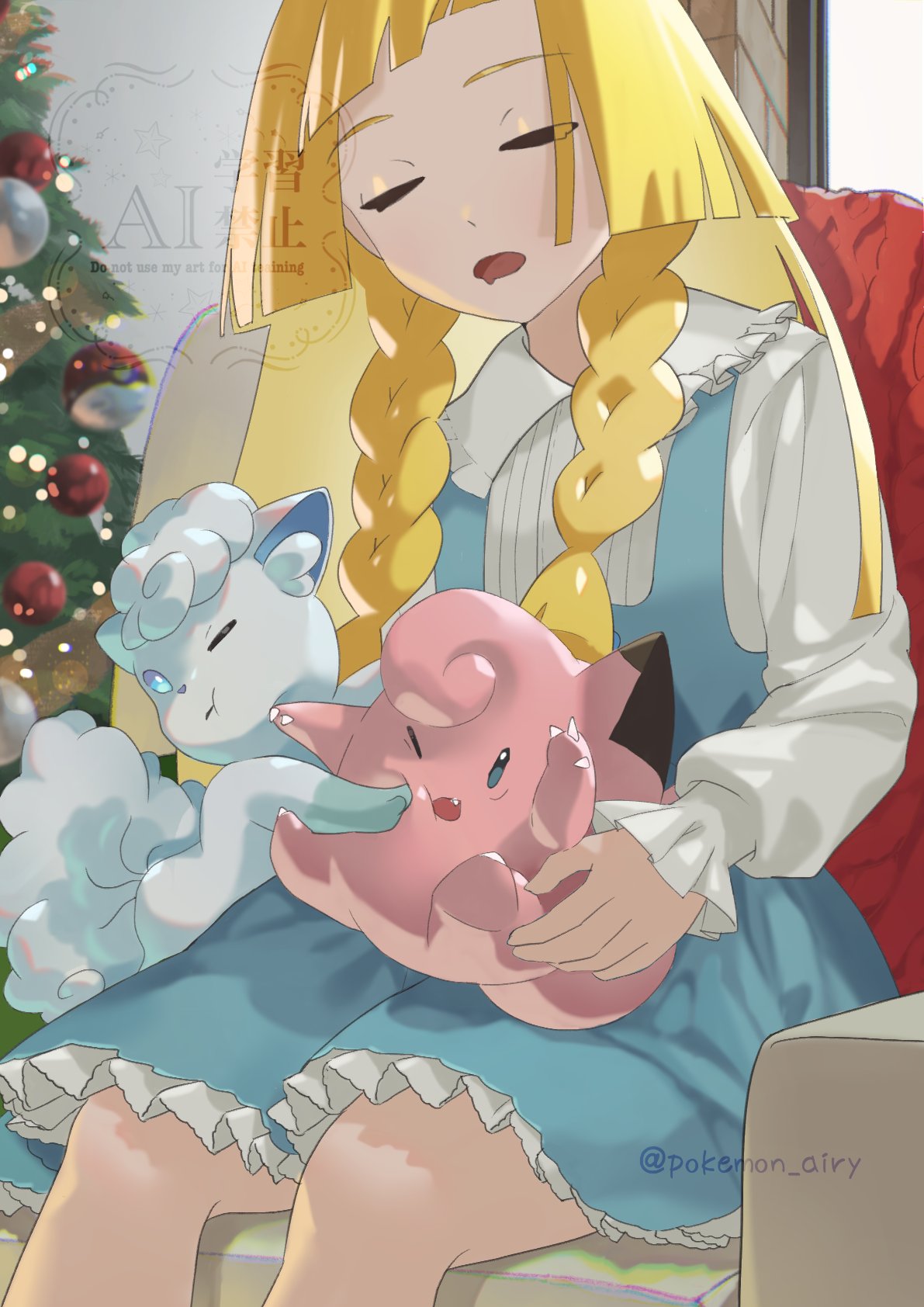 1girl, alolan_vulpix, arguing, blonde_hair, blue_dress, braid, christmas_ornaments, christmas_tree