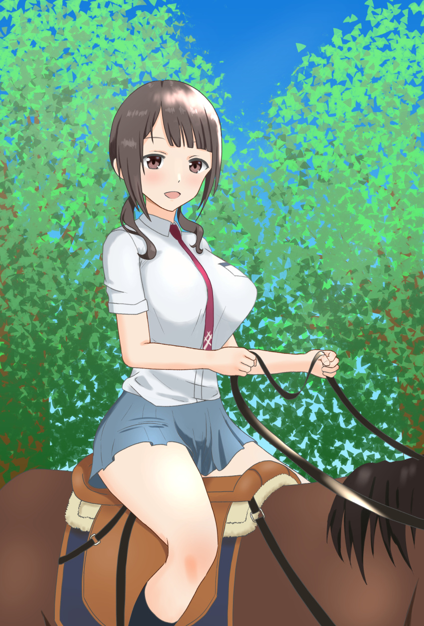 1girl, brown_eyes, brown_hair, highres, holding, holding_reins, horse, horseback_riding