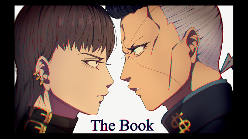 2boys, absurdres, black_hair, diamond_wa_kudakenai, earrings, faceoff, gakuran, hair_between_eyes
