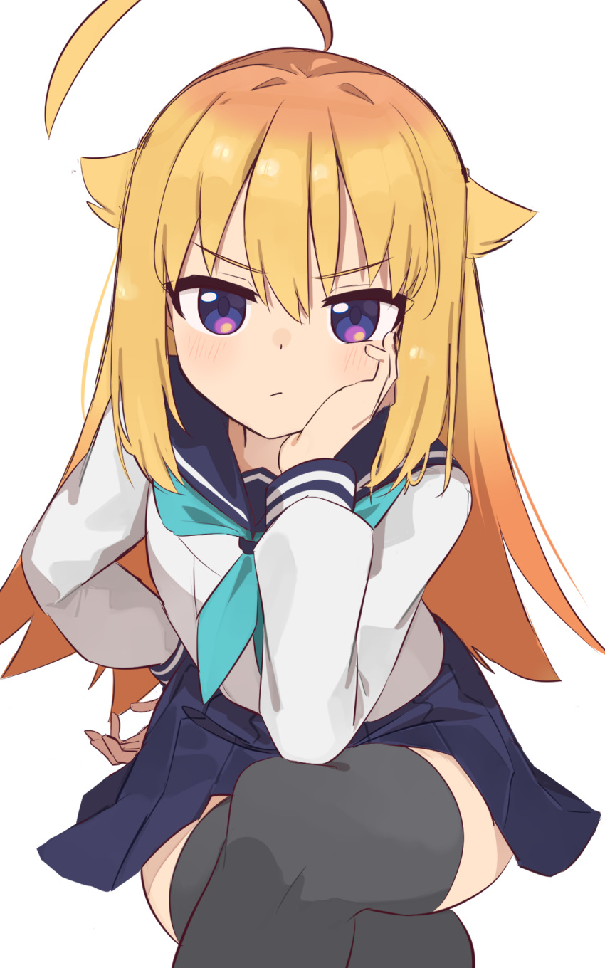 1girl, ahoge, aqua_neckerchief, black_thighhighs, blonde_hair, blue_sailor_collar, blue_skirt, crossed_legs, elbow_on_knee, hair_between_eyes, hair_flaps, hand_on_own_face, hand_on_own_hip, highres, invisible_chair, kanno_(kan_save), koshi_torako, long_hair, long_sleeves, looking_at_viewer, neckerchief, pleated_skirt, sailor_collar, school_uniform, scowl, serafuku, shikanoko_nokonoko_koshitantan, sidelocks, simple_background, sitting, skirt, staring, thigh-highs, violet_eyes, white_background