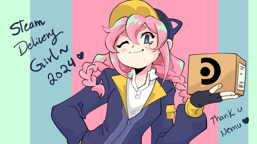 1girl, animal_hat, baseball_cap, black_gloves, blue_background, blue_eyes, blue_hat, blue_jacket, blush, box, braid, cassis4rt, cat_hat, character_name, collared_shirt, double-parted_bangs, english_commentary, english_text, fingerless_gloves, gloves, hair_between_eyes, hand_on_own_hip, hat, heart, highres, holding, holding_box, jacket, long_hair, looking_at_viewer, one_eye_closed, partially_open_jacket, pink_background, pink_hair, shirt, sidelocks, simple_background, smile, solo, steam_(platform), steam_delivery_girl, thick_eyebrows, twin_braids, twintails, upper_body, white_shirt