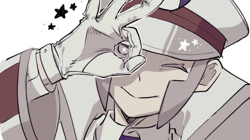 1boy, :>, closed_mouth, coat, collared_coat, collared_shirt, colored_eyelashes, commentary, emmet_(pokemon), gloves, grey_eyes, grey_hair, hat, ins3wr, layered_sleeves, long_sleeves, looking_at_viewer, male_focus, ok_sign, ok_sign_over_eye, one_eye_closed, peaked_cap, pokemon, pokemon_bw, popped_collar, shirt, sideburns, simple_background, smile, solo, star-shaped_pupils, star_(symbol), symbol-shaped_pupils, upper_body, white_background, white_coat, white_gloves, white_hat, white_shirt, wing_collar