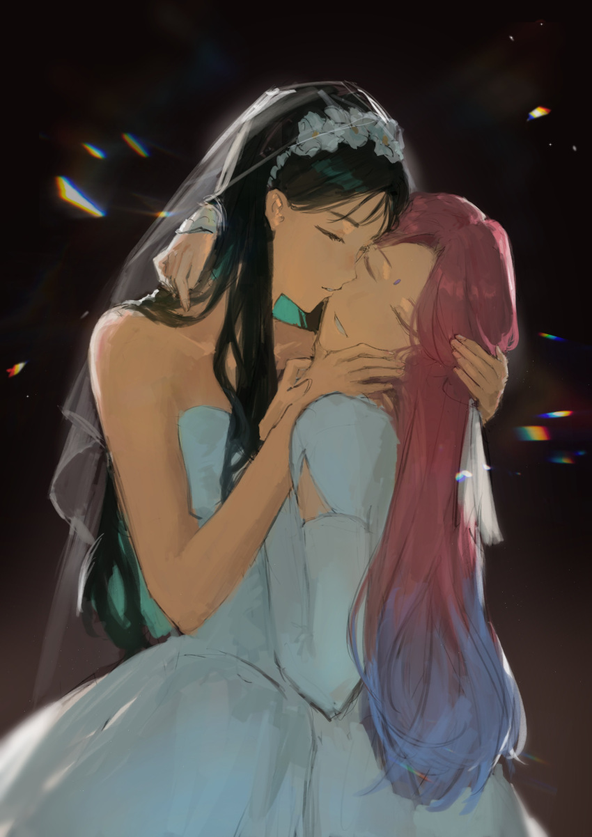 2girls, absurdres, alien_stage, arm_around_neck, arm_cutout, bare_shoulders, black_hair, blue_hair