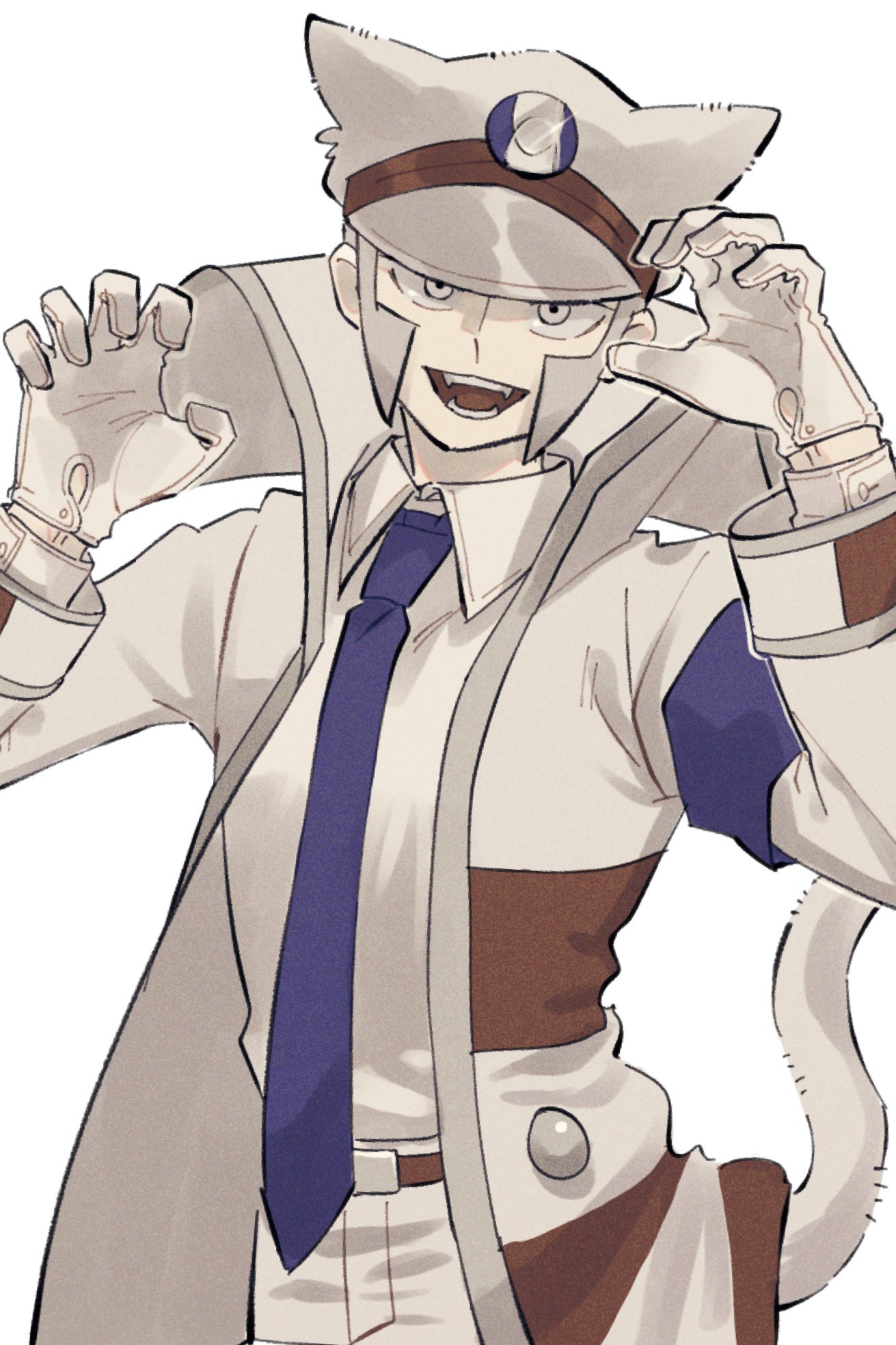 1boy, animal_ears, armband, arms_up, belt, belt_buckle, blue_armband, blue_necktie, brown_belt, buckle, cat_boy, cat_ears, cat_tail, claw_pose, coat, collared_coat, cowboy_shot, emmet_(pokemon), grey_eyes, grey_hair, hat, high_collar, highres, ins3wr, kemonomimi_mode, long_sleeves, looking_at_viewer, male_focus, necktie, open_clothes, open_coat, open_mouth, pants, peaked_cap, pokemon, pokemon_bw, shirt, shirt_tucked_in, sideburns, simple_background, solo, tail, teeth, white_background, white_coat, white_hat, white_pants, white_shirt, wing_collar