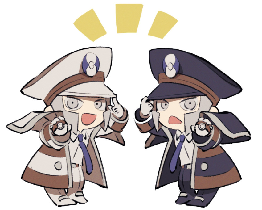 2boys, adjusting_clothes, adjusting_headwear, arm_up, belt, belt_buckle, black_coat, black_footwear