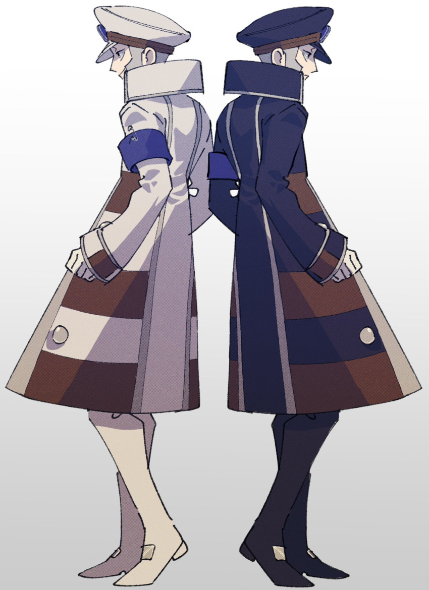 2boys, armband, back-to-back, black_coat, black_footwear, black_hat, blue_armband, brothers
