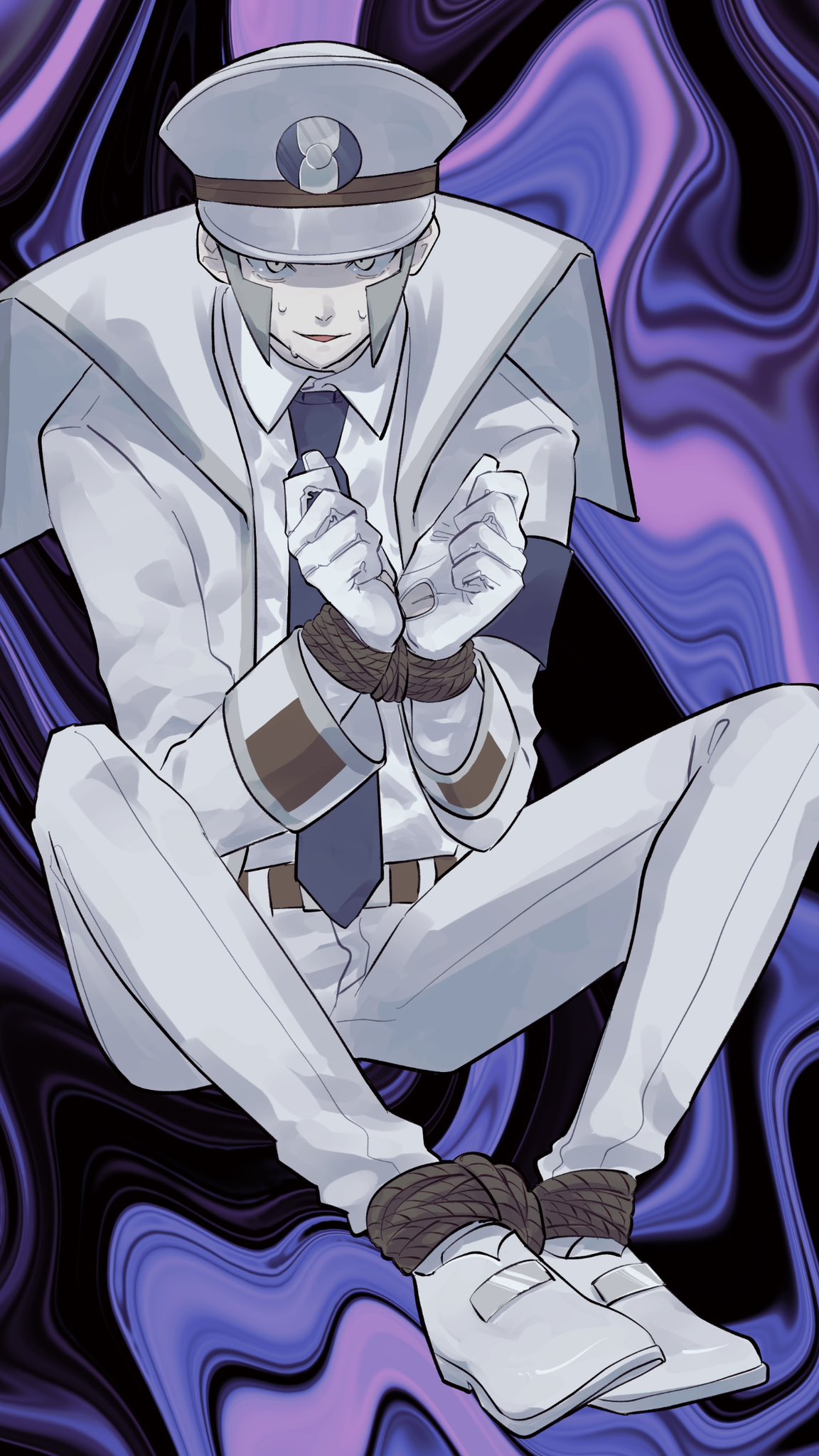 1boy, armband, belt, belt_buckle, blue_armband, blue_necktie, bound, bound_ankles