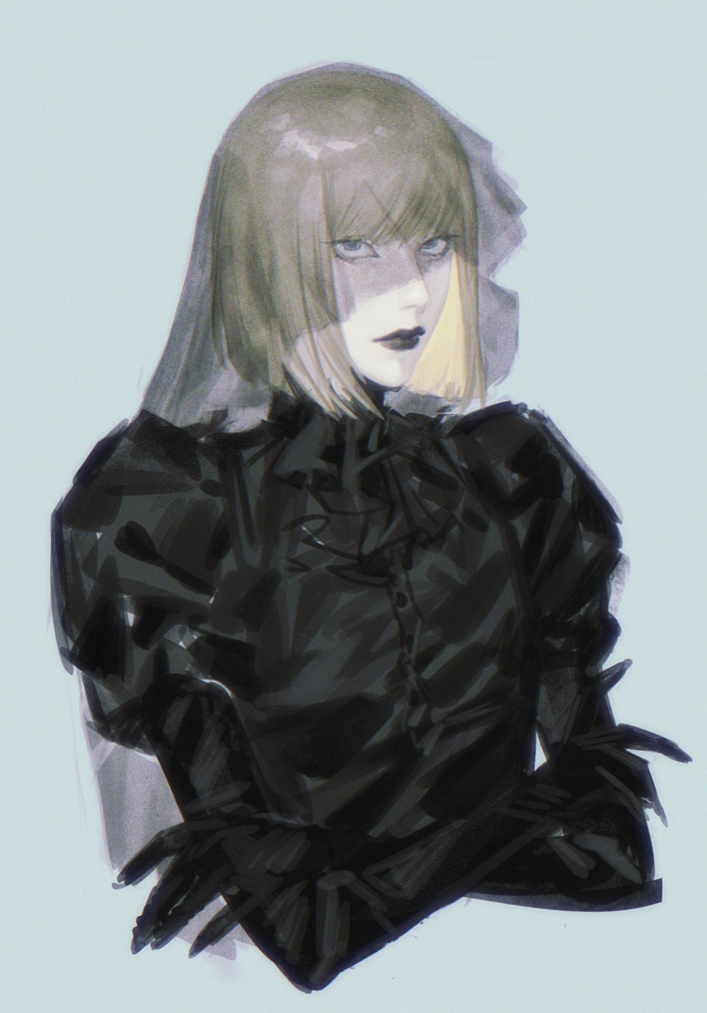 1boy, androgynous, black_lips, blonde_hair, blue_eyes, bob_cut, commentary, cropped_torso